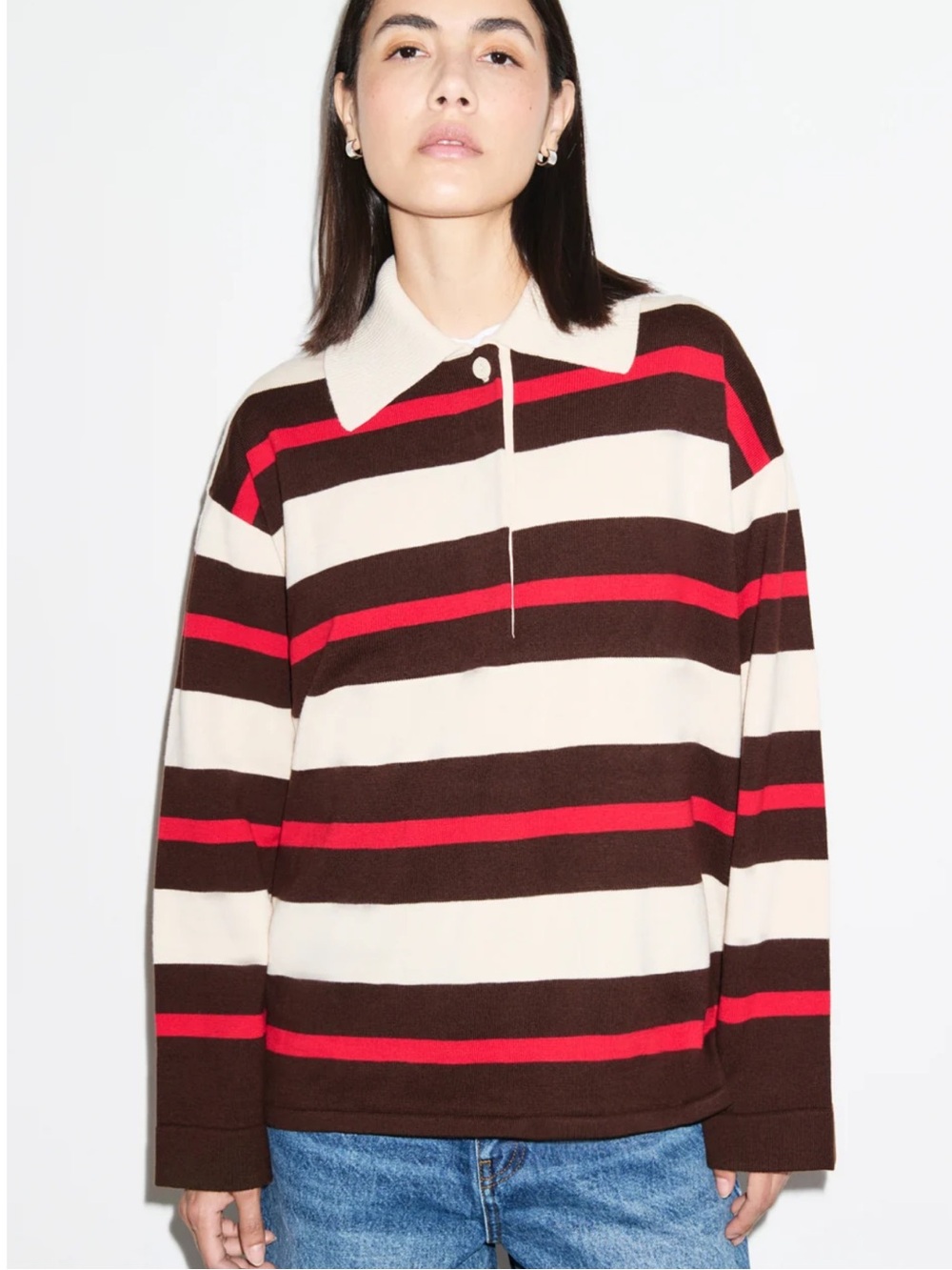ALIGNE Ester Knitted Striped Polo Knit Sweater - Brown, Cream & Red